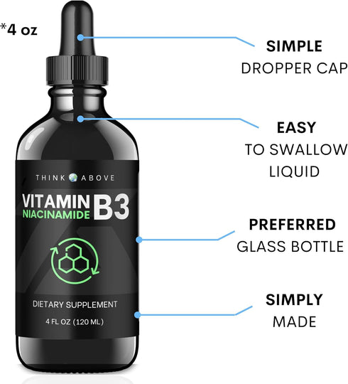 Liquid Vitamin B3 (as Niacinamide) Supplement - Non Flush Niacin Drops for Women and Men - 4 oz (120ml)
