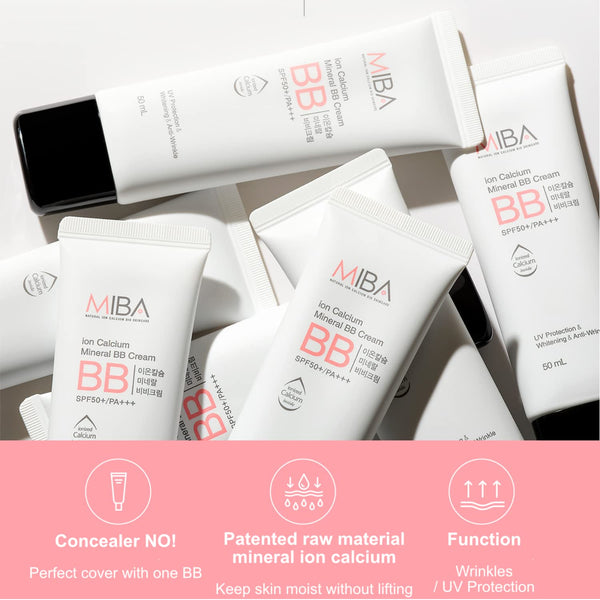MIBA Ion Calcium Mineral BB Cream, 50ml / 1.69 fl.oz, Thin Coverage, Long Lasting, Minimal Chemicals