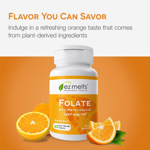 EZ Melts Dissolvable Folate, 1,667 mcg, L-Methylfolate, Sugar-Free, 2-Month Supply