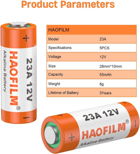 HAOFILM 23A 12V (5 Pack) 3-Year Pack Alkaline Batteries - Long Lasting Power, Shelf Life | Bulk Value for Car Remotes