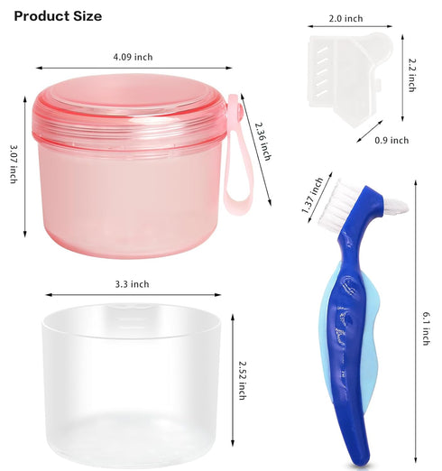 Leak Proof Denture Cups Bath, Dishwasher Safe Denture Case for Soaking Full & Partial Dentures, with Cleaner Brush