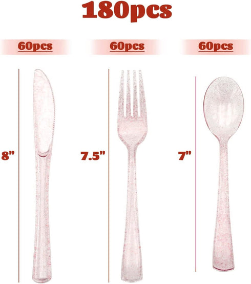 180PCS Rose Gold Plastic Silverware Set, Disposable Glitter Gold Cutlery, Flatware Set, 60 Gold Forks, 60 Gold Spoons, 60 Gold Knives, Valentine's day Fancy Party Utensils by hapray