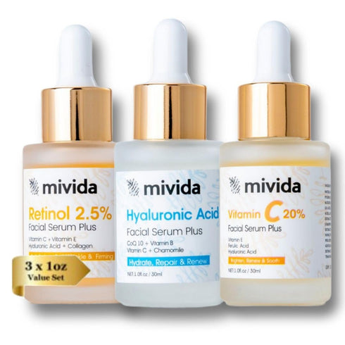 Anti-Aging Face Serum Trio, 20% Vitamin C, Hyaluronic Acid, 2.5% Retinol Serum - 3 Bottles x 1 Fl Oz | Brightening &