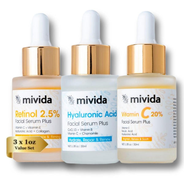 Anti-Aging Face Serum Trio, 20% Vitamin C, Hyaluronic Acid, 2.5% Retinol Serum - 3 Bottles x 1 Fl Oz | Brightening &