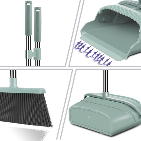 kelamayi Upgrade Broom and Dustpan Set, Large Size Stiff Broom with Long Handle for Indoor Outdoor Use (Green)