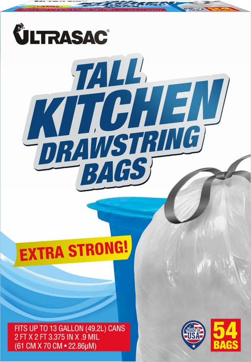 Ultrasac 13 Gallon 0.9 MIL White Tall Kitchen Garbage Bags, Pack of 54 for Home, Kitchen, Bathroom, Commercial