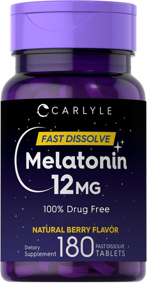 Carlyle Melatonin 12 mg Fast Dissolve Tablets, 180 Count, Drug Free, Natural Berry Flavor