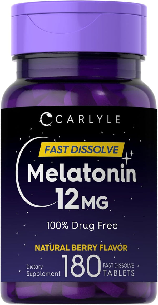 Carlyle Melatonin 12 mg Fast Dissolve Tablets, 180 Count, Drug Free, Natural Berry Flavor