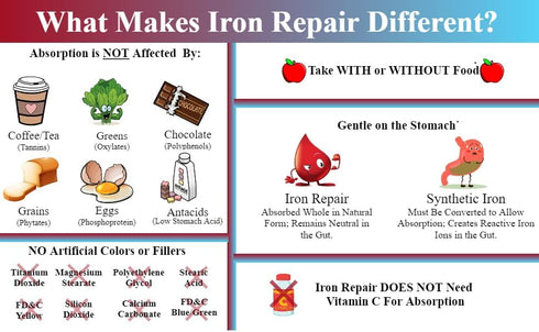 Iron Repair Plus Natural Iron Supplement - Best Absorption for Women, Men, Teens & Pregnancy with Methylated B-12, 90