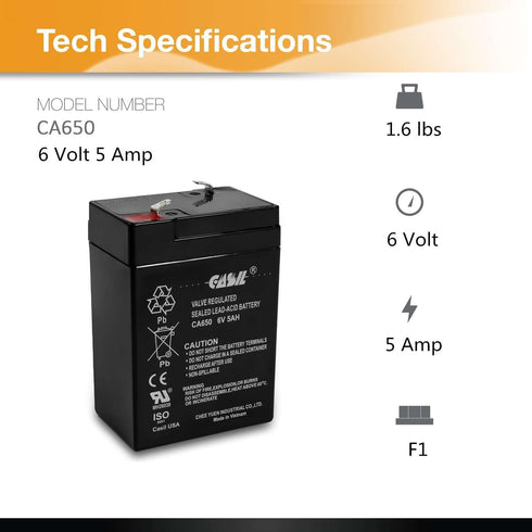 Casil 6v 5ah Battery AGM SLA Rechargeable Battery Replaces 6v 4.5 ah Rechargeable Battery, 6v Battery for Ride on Toys, Emergency Lights ELB-0604 Battery ELB0604 (1)