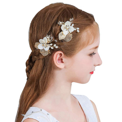PRDGIRL Pack of 2 Wedding Flower Girl Hair Pins, Bride Pearl Hair Piece Crystals Hair Clips for Women and Girls (Gold)