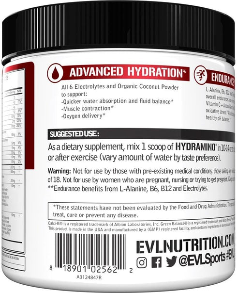 Evlution Nutrition HYDRAMINO Complete Hydration Multiplier, 30 Serve Fruit Punch with Electrolytes and Aminos