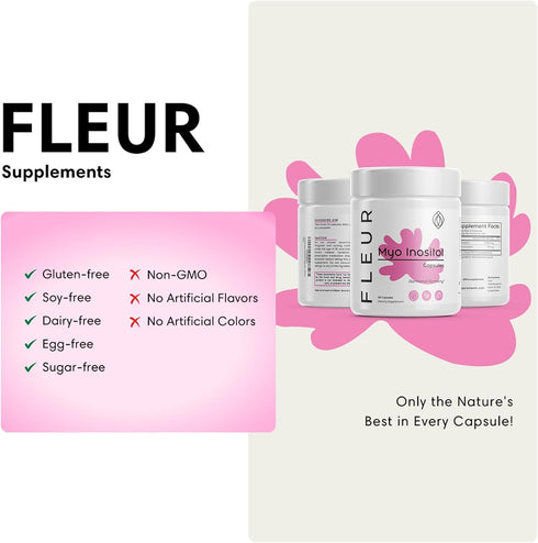 FLEUR Myo-Inositol & D-chiro Inositol Capsules, Hormone Balance and Ovarian Function Support for Women, Inositol for PCOS Symptom Relief, Regulates Menstrual Cycle, Non-GMO & Vegan, 90 Capsules