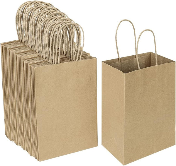 Oikss 100 Pack Small Plain Natural Paper Kraft Gift Bags, 5.25x3.25x8.25 Inch, Bulk for Birthday Party Favors