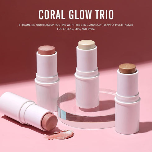 KIMUSE Multi Stick Trio Face Makeup, Cream Blush Stick for Cheeks & Lips, Contour & Highlighter Sticks