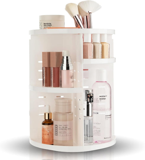 Masirs 360 Rotating Makeup Organizer, Adjustable Shelf Height, White Cosmetic Organizer for Bedroom Dresser or Vanity