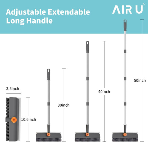 Floor Scrub Brush with Long Handle, Household Cleaning Brush with Right Angled Bristle & Scraper, 360° Swivel Heads