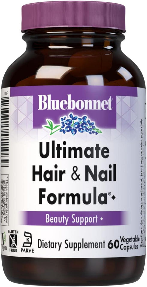 Bluebonnet Nutrition Ultimate Hair and Nail Formula, Vitamins*, Minerals*, Specialty Nutrients for Beauty Within*, Gluten-Free, Kosher-Certified, Dairy-Free, Vegan, 60 Vegetable Capsules, 20 Servings