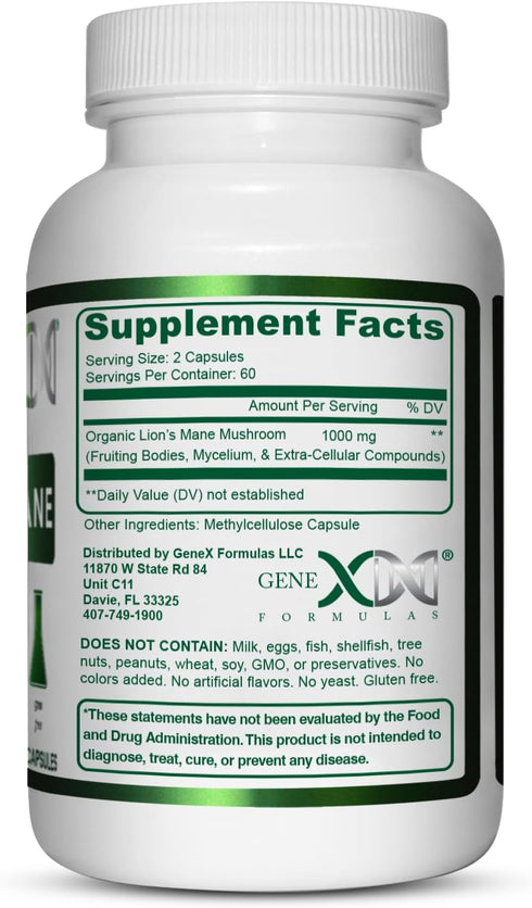 Genex Formulas Lions Mane Supplement - 100% Lions Mane Extract Nootropics Brain Support (120 Capsules)