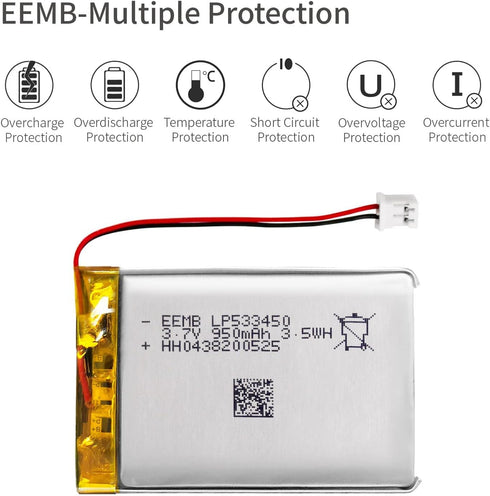 EEMB 3.7V 950mAh Lithium Polymer Battery, Rechargeable with JST 2.0mm Connector for Speaker, Wireless Device