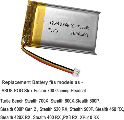 1000mAh 3.7V Battery Replacement for ASUS ROG Strix Fusion 700, Turtle Beach Stealth Headsets, JBL TOUR ONE