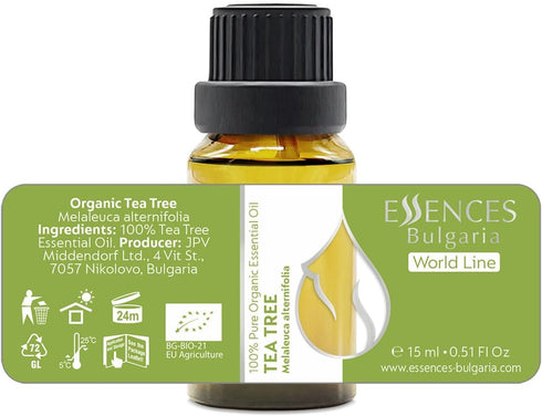Essences Bulgaria Organic Tea Tree Essential Oil 0.51 Fl Oz 15ml, 100% Pure Natural for Skincare and Aromatherapy Use.