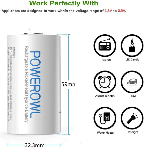 POWEROWL 10000mah 4 Count Rechargeable D Batteries Low Self Discharge, NiMH, Pre-Charged, (Recharge Universal)