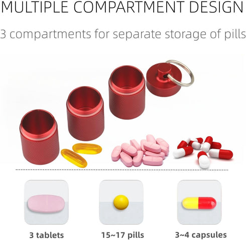 Waterproof Keychain Pill Holder - Compact, Portable, and Secure Pill Box with 3 Compartments - Pocket-Sized Pill Case and Container for Daily Medication on The Go (Wine Red)