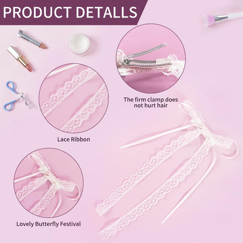 Lace Hair Bow with Long Tail Coquette Bows - Elegant White Ribbon Hair Accessory for Women (A Pair)