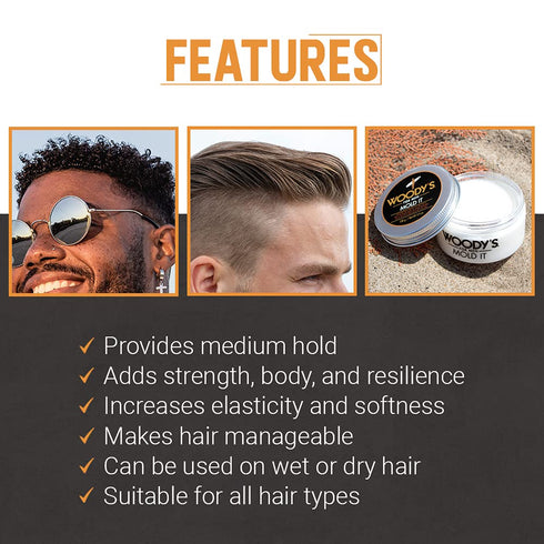 Woody's Mold It, Medium Hold Matte Finish Styling Paste for Men, Adds Texture and Volume, 3.4 oz