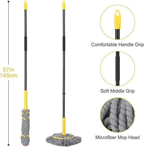 Self Wringing Twist Mop: Wet Mop for Floor Cleaning with 57" Long Handle for Home Office Kitchen (Gray)