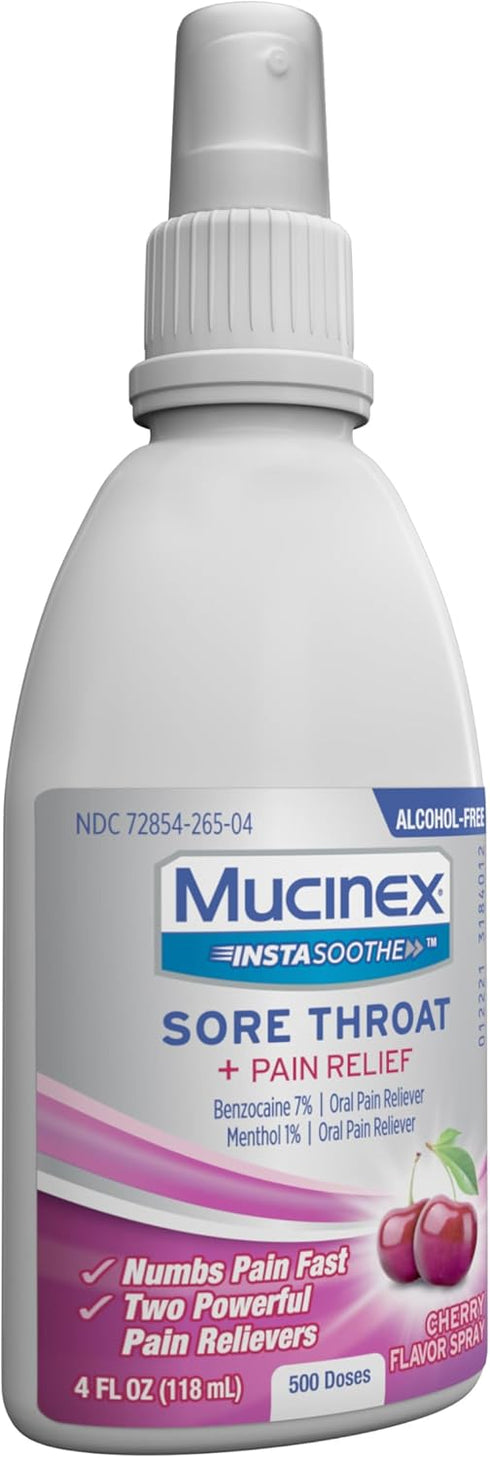 Mucinex Instasoothe Sore Throat Spray, Oral Pain Relief with Benzocaine & Menthol, Cherry Flavor, 3.8 Fl Oz