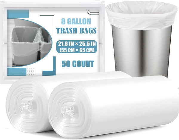 8 Gallon Trash Bags, 50 Count, Medium Unscented Garbage Bags, White 8 Gal Trash Bags