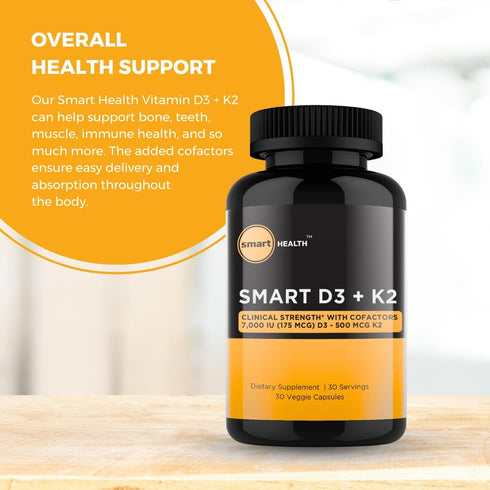 Vitamin D3 + K2 - 7000 IU D3 + 500 MCG K2 - Bone Health & Immune Support - Gluten Free, Vegan, Non-GMO - 30 Veggie