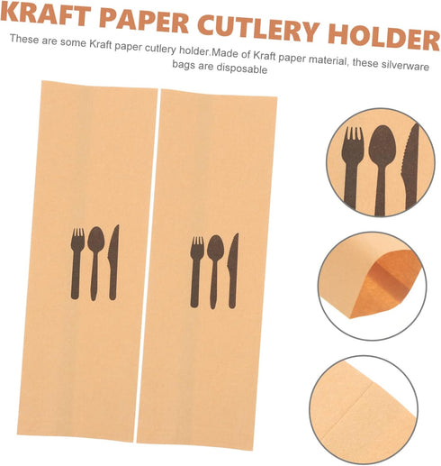 100pcs Kraft Paper Cutlery Set - Disposable Silverware Bags for Dinner Table Decor, Utensil Holder for Weddings