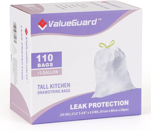 Trash Bags, 13 Gallon Drawstring Tall Waste Bag, 110 Count, for Kitchen Office Party, 0.8 Mil