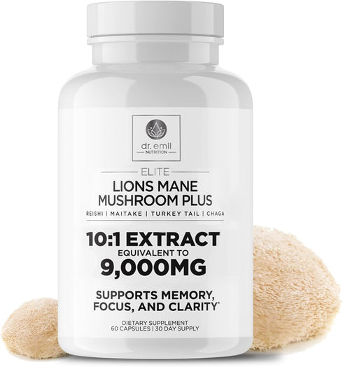 DR. EMIL NUTRITION 9000mg Organic Lions Mane Supplement Capsules with Chaga, Reishi & Maitake Blend
