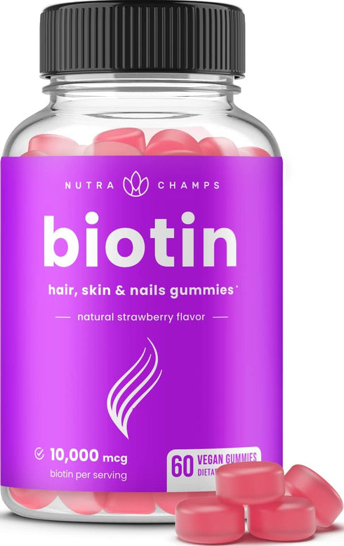 NutraChamps Biotin Gummies 10000mcg for Healthy Hair, Skin & Nails Vitamins, Vegan, Non-GMO, 5000mcg Each