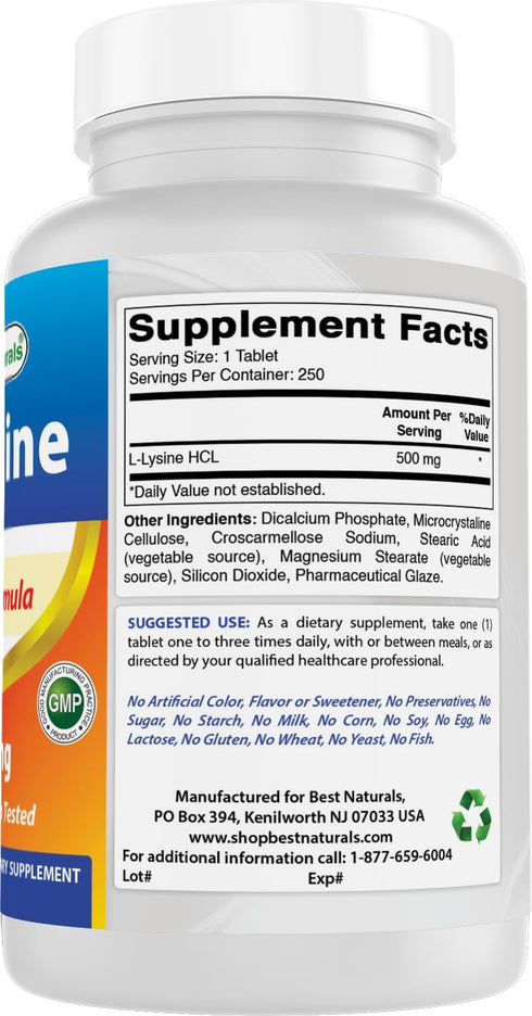 Best Naturals L-Lysine 500 mg, 250 Tablets