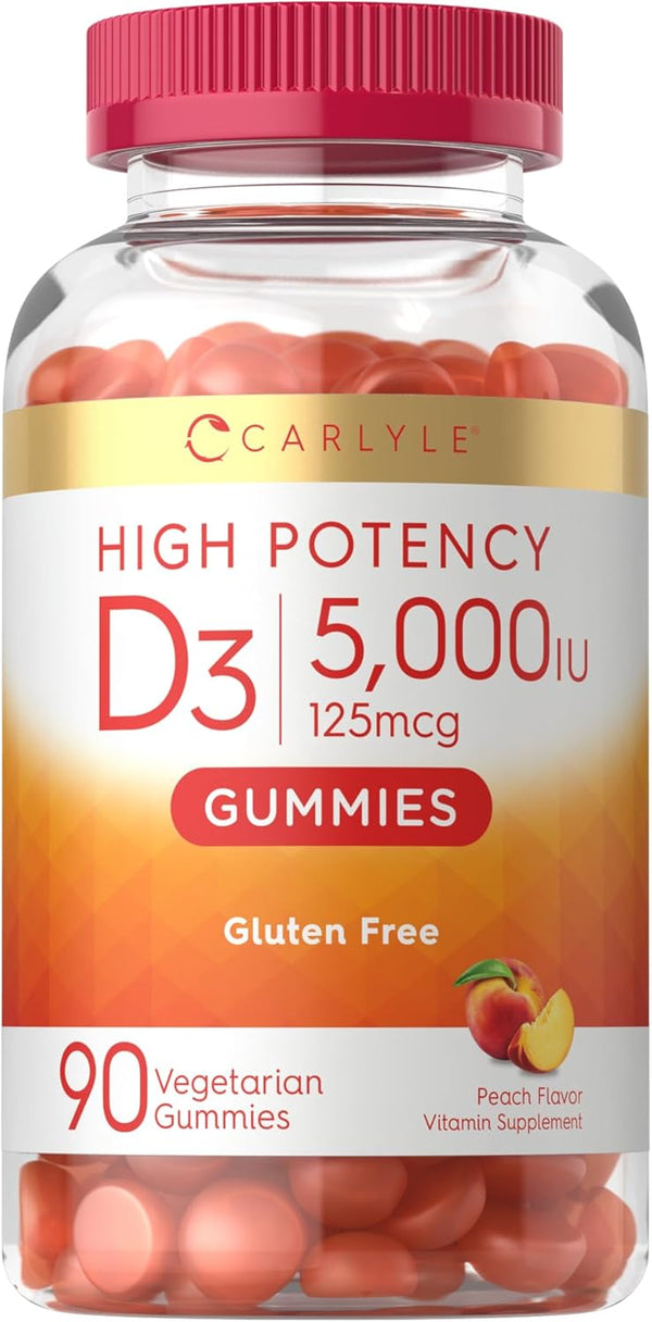 Carlyle Vitamin D3 Gummies, 90 Count, High Potency, Vegetarian, Non-GMO, Gluten Free, Peach Flavored