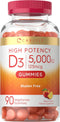 Carlyle Vitamin D3 Gummies, 90 Count, High Potency, Vegetarian, Non-GMO, Gluten Free, Peach Flavored