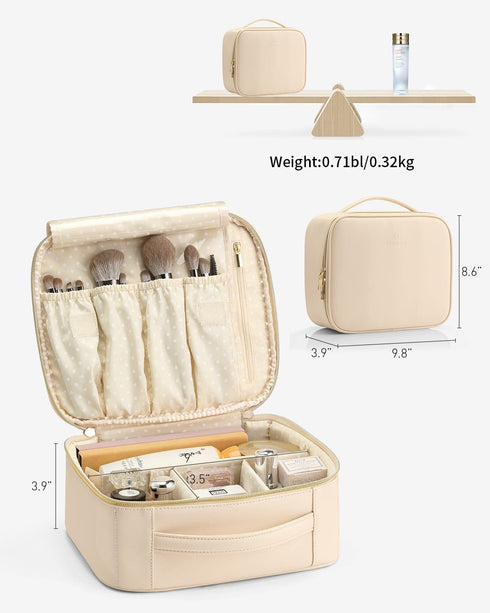 Vlando Travel Makeup Bag, Large Capacity PU Leather Cosmetic Case Organizer, Portable Bag with Dividers and Handle Beige