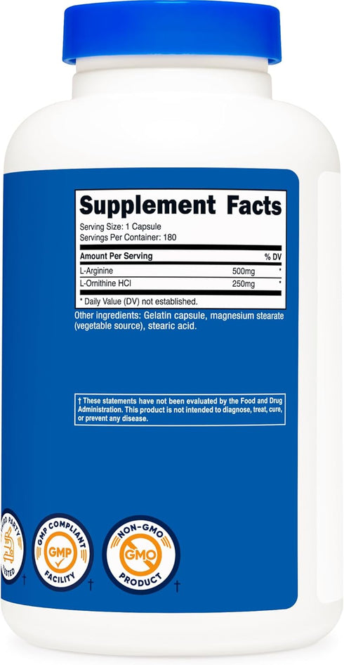 L-Arginine L-Ornithine Supplement by Nutricost, 750mg, 180 Capsules