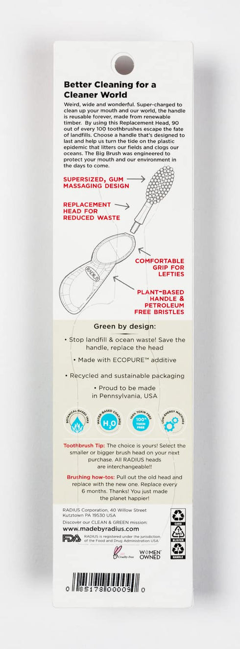 RADIUS Big Brush Toothbrush with Replaceable Head, Left Hand, Soft Coral Sparkle, BPA Free, ADA Accepted