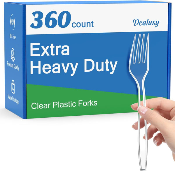 360 Count Extra Heavy Duty Clear Plastic Forks, Disposable, BPA-Free, Solid and Durable for Party Supply
