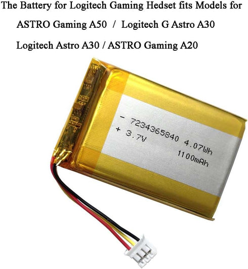AOLIKES 1100mAh 3.7V Rechargeable Lipo Battery Replacement for Logitech G Astro A30, Astro Gaming A50, Astro Gaming A20 Wireless Headset