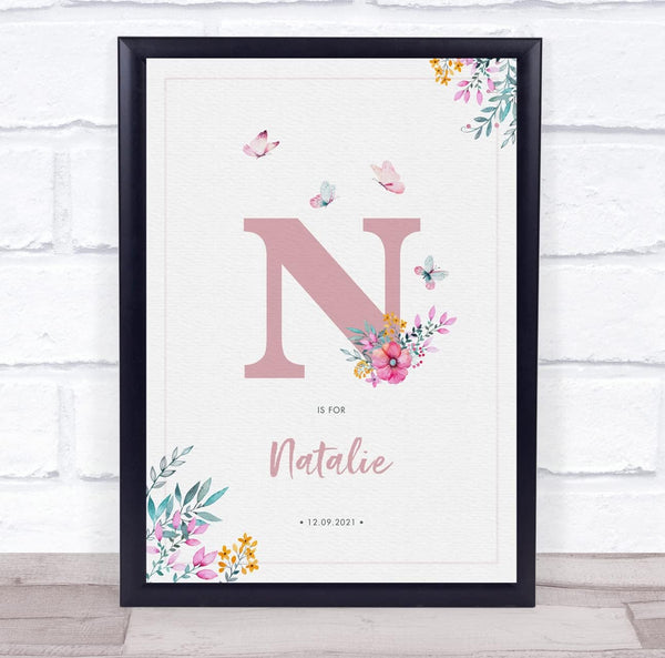 The Card Zoo Pink Initial N Watercolour Flowers Baby Birth Details Nursery Christening Print