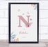The Card Zoo Pink Initial N Watercolour Flowers Baby Birth Details Nursery Christening Print