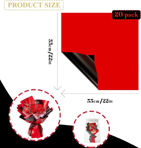 Gloreyan 20 Sheets Flower Wrapping Paper, Florist Bouquet DIY Craft Fresh Flower Bouquet Wrap Waterproof Floral Wrapping Gift Box Packaging Material Florist Supplies, 22.8 * 22.8 Inches(Red+Black)