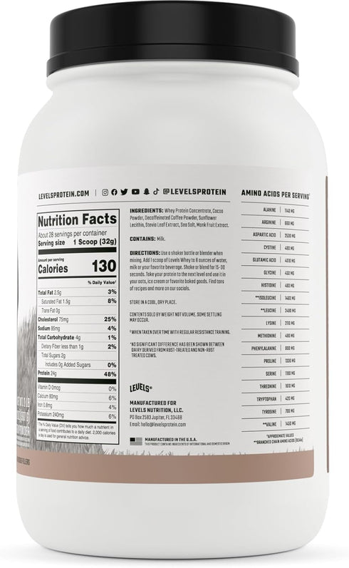 Levels Grass Fed Whey Protein Powder - No Artificials, 24G Protein, Chocolate Mocha, 2LB